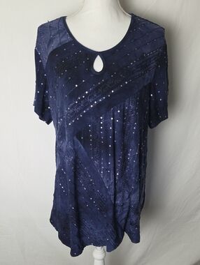 NWT Sami & Jo Women's Navy Sequin Keyhole Top Size 2X